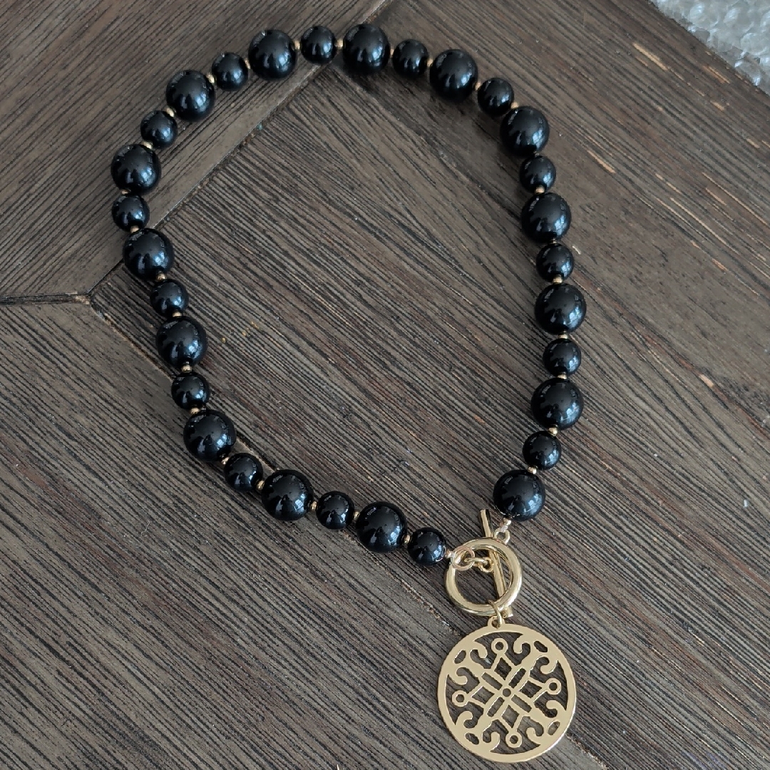Zenzii Black Beaded Necklace With Gold Charm